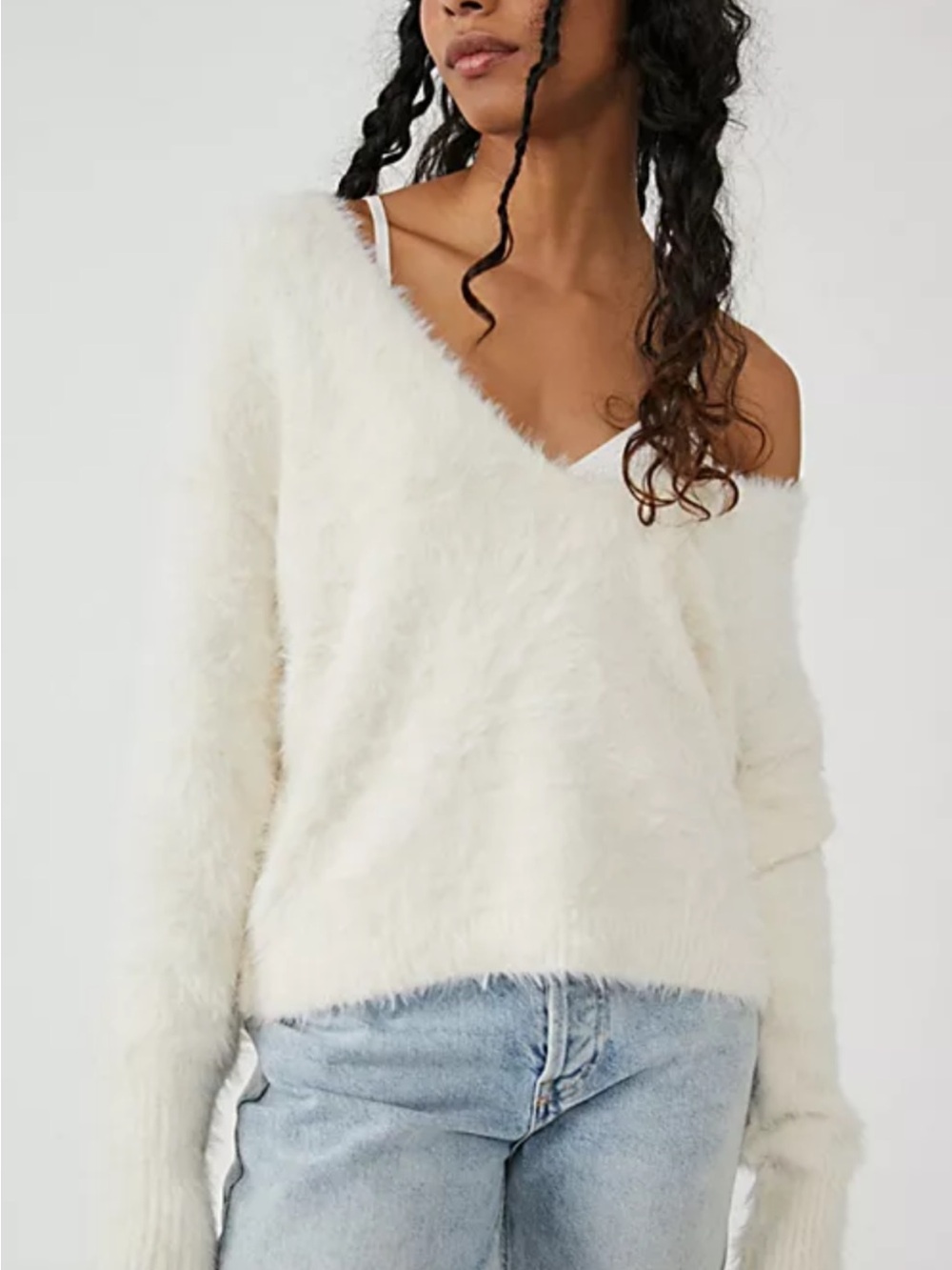 Free People Serendipity White Fuzzy Off Shoulder V-Neck Sweater Oversized Size L
